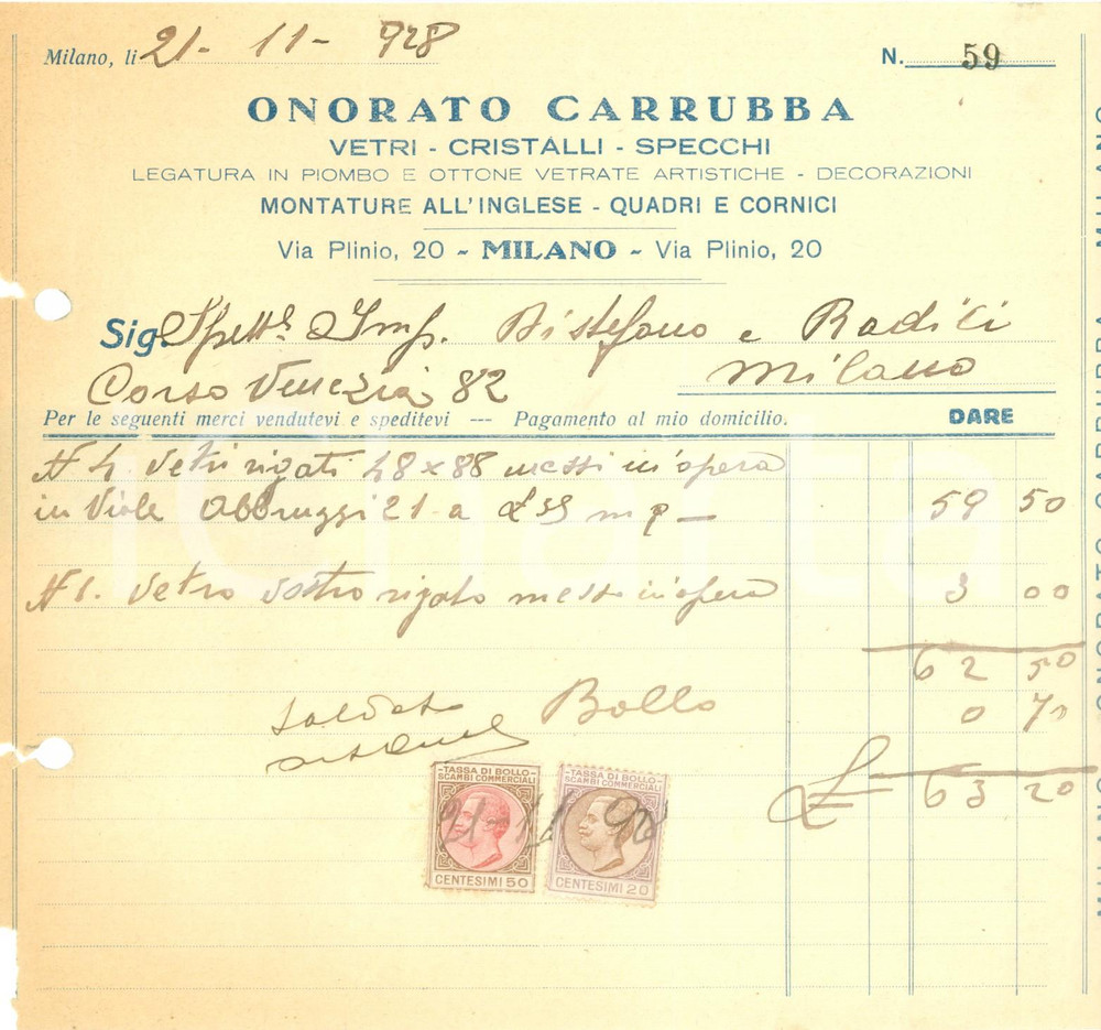 Documento originale, autentico 1928 MILANO Onorato CARRUBBA Vetri cristalli specchi Montature inglese Fattura 1