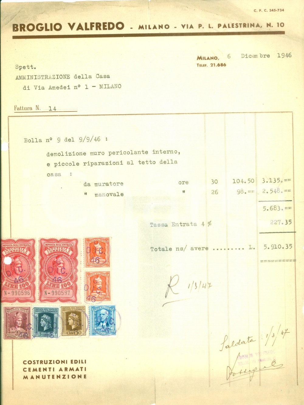 Documento originale, autentico 1946 MILANO Ditta Valfredo BROGLIO demolisce un muro Fattura DANNEGGIATA 1