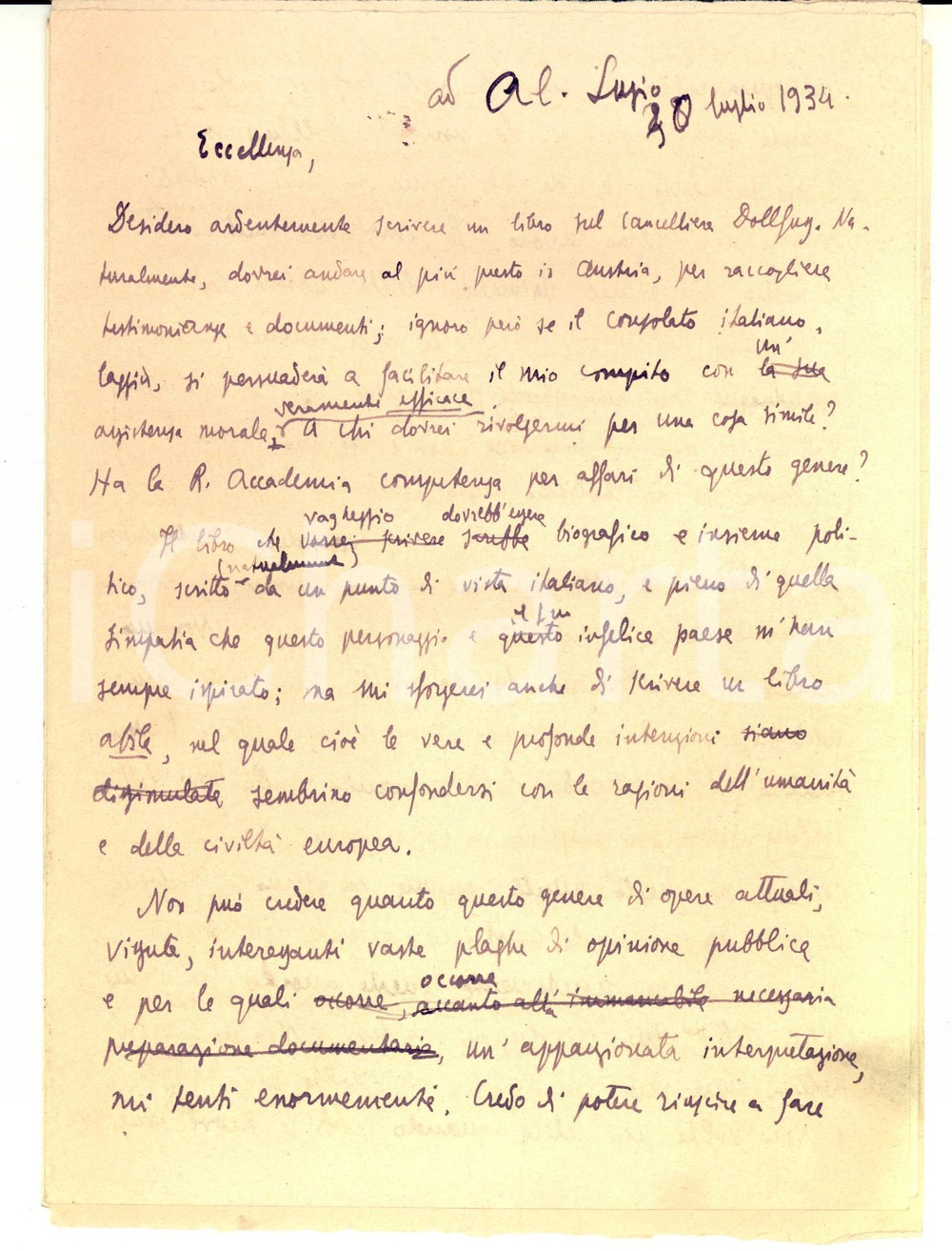 Autografo originale 1934 MILANO Paolo Ettore SANTANGELO progetta un opera sul cancelliere DOLLFUSS 1