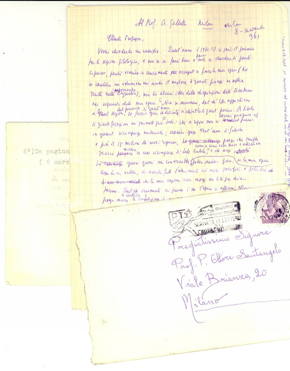 Autografo originale 1961 MILANO Paolo Ettore SANTANGELO ad Alfredo GALLETTI sul mondo accademico 1