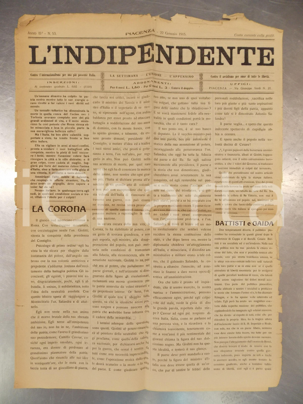 Giornale, rivista storica 1915 PIACENZA Giornale L INDIPENDENTE Italia soccorra vittime terremoto MARSICA 1