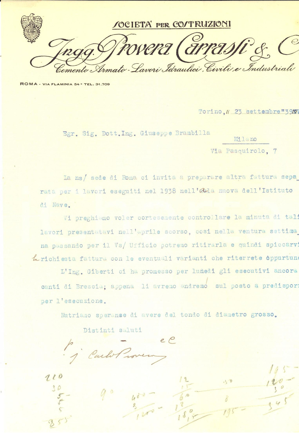 Documento originale, autentico 1939 ROMA Via Flaminia 54 Ing. PROVERA CARRASSI  Conto per lavori eseguiti 1