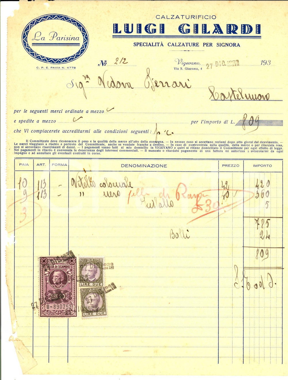 Documento originale, autentico 1938 VIGEVANO PV Calzaturificio Luigi GILARDI Fattura per fornitura vitello 1