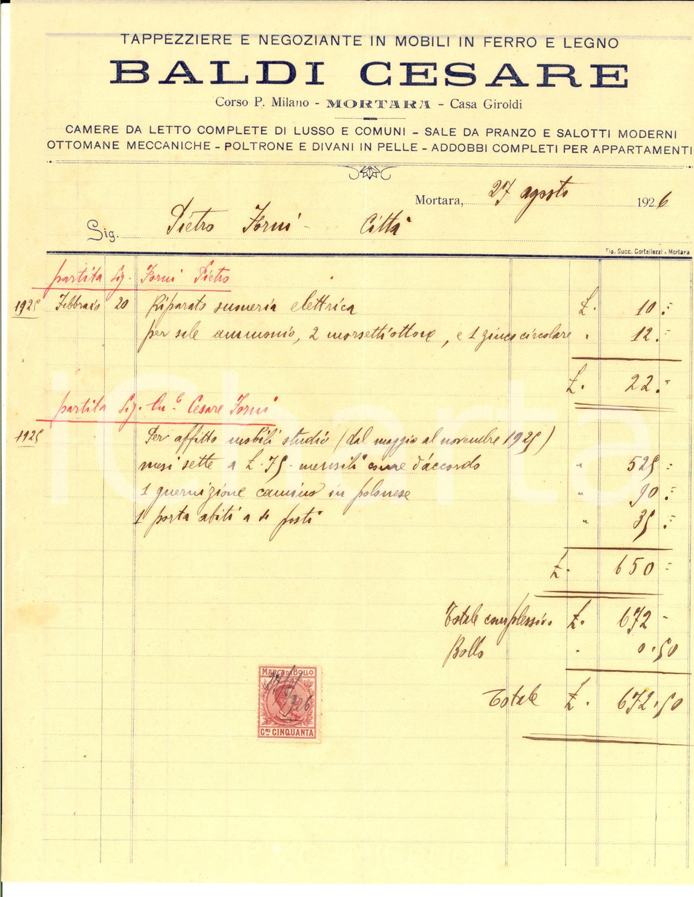 Documento originale, autentico 1926 MORTARA PV Tappezziere Cesare BALDI Conto per affitto mobili Fattura 1