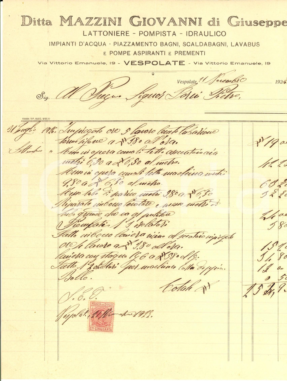 Documento originale, autentico 1927 VESPOLATE NO Ditta Giovanni MAZZINI Lattoniere pompista Fattura 1