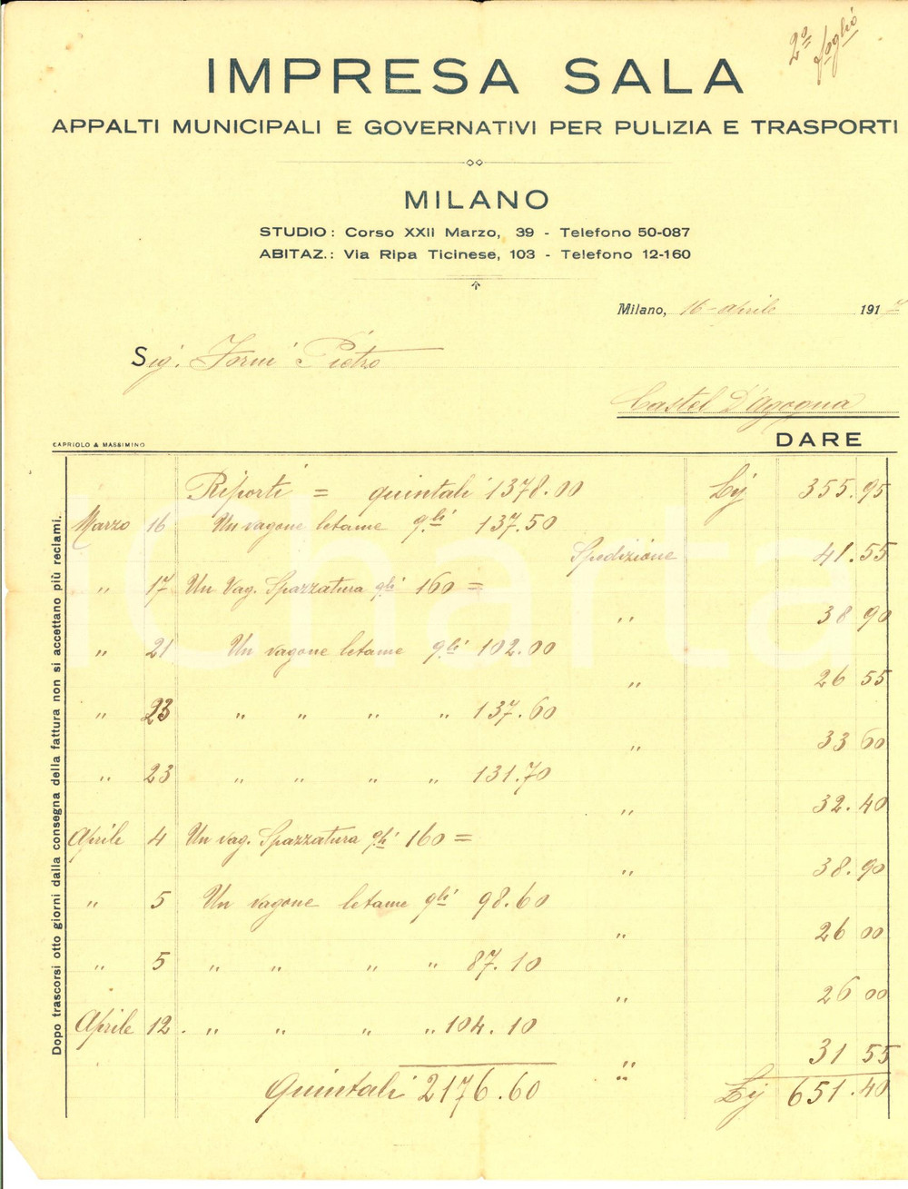 Documento originale, autentico 1917 MILANO Impresa SALA Fattura per smaltimento di letame e spazzatura 1