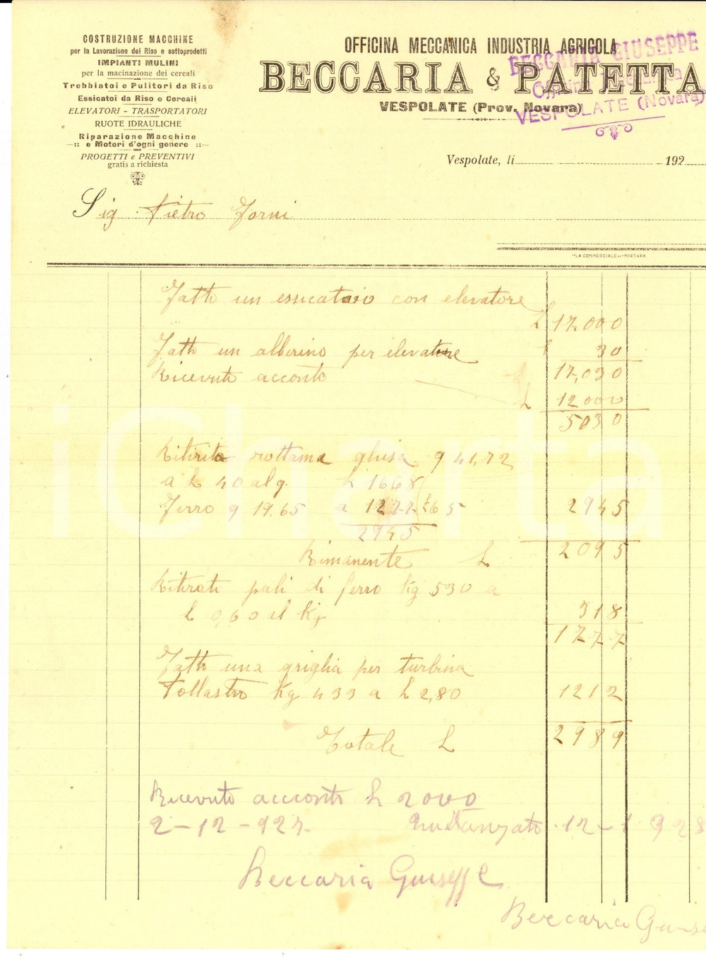1927 VESPOLATE (NO) Officina meccanica BECCARIA & PATETTA *Conto manoscritto