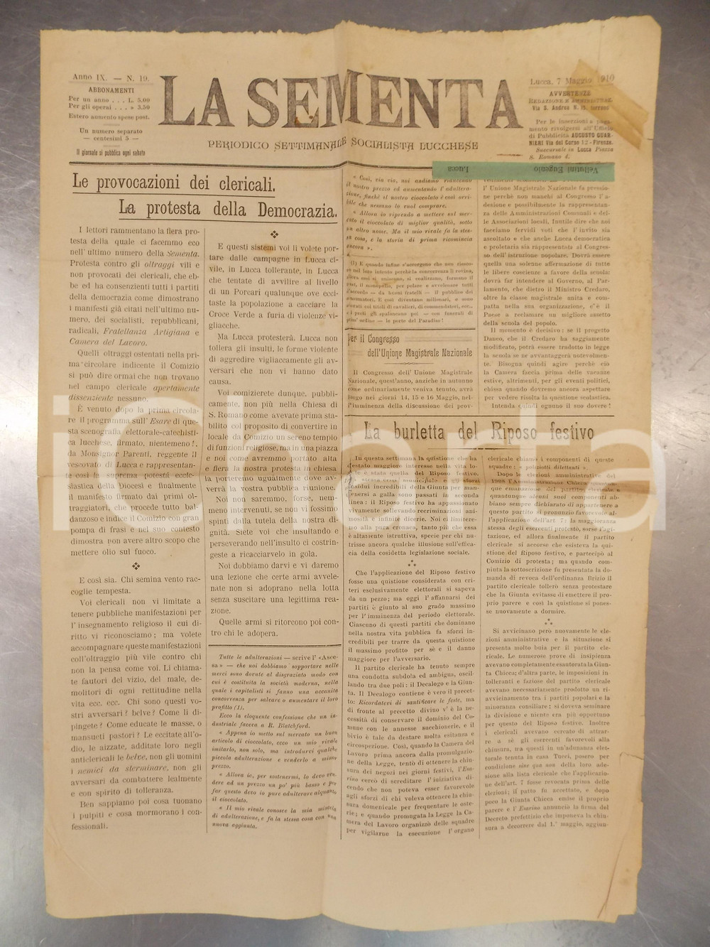 Giornale, rivista storica 1910 LA SEMENTA Periodico socialista lucchese Provocazioni dei clericali 1