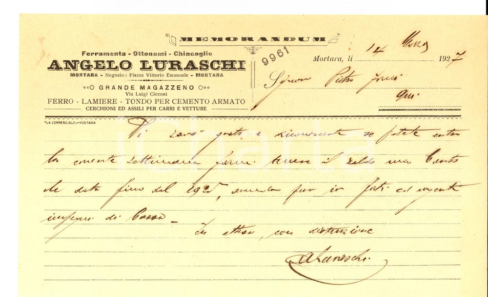 Documento originale, autentico 1927 MORTARA PV  Ditta Angelo LURASCHI Ferramenta e chincaglie Memorandum 1