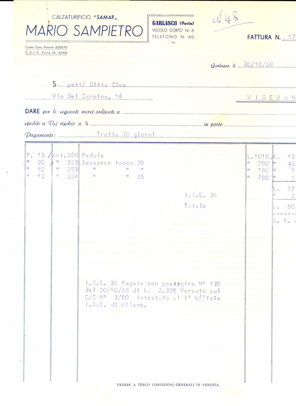 Documento originale, autentico 1958 VIGEVANO PV Calzaturificio SAMAR di Mario SAMPIETRO Fattura per scarpe 1