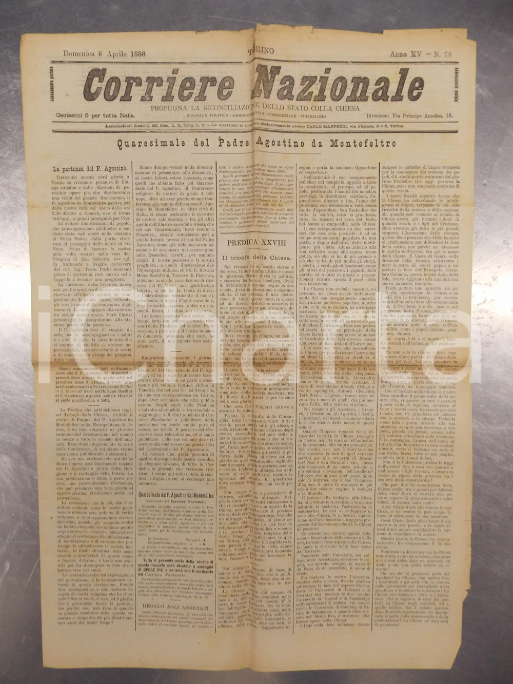 Giornale, rivista storica 1888 CORRIERE NAZIONALE Padre Agostino da MONTEFELTRO parte da TORINO Giornale 1