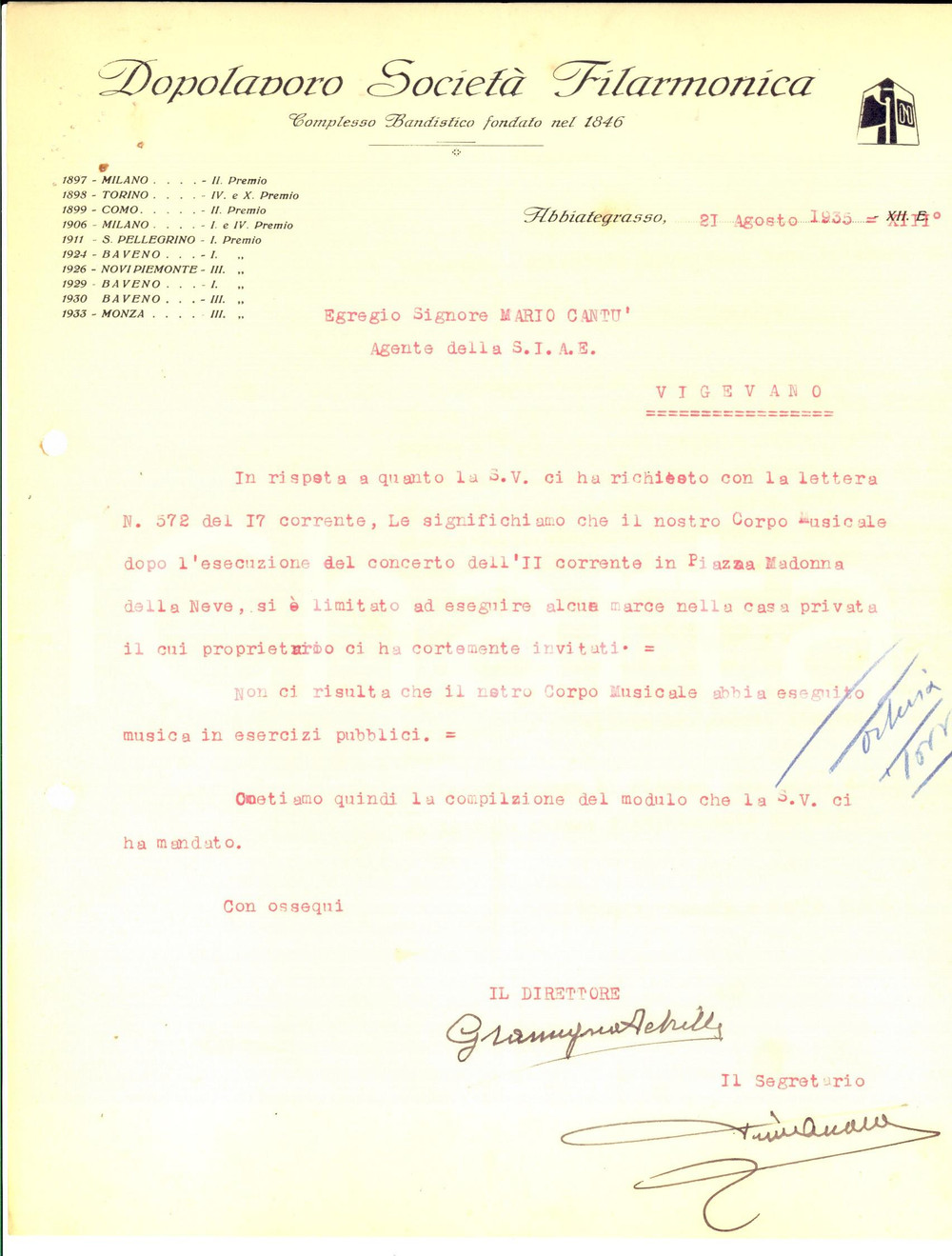 Autografo originale 1935 ABBIATEGRASSO MI Concerto Dopolavoro SocietÃ  Filarmonica in casa privata 1