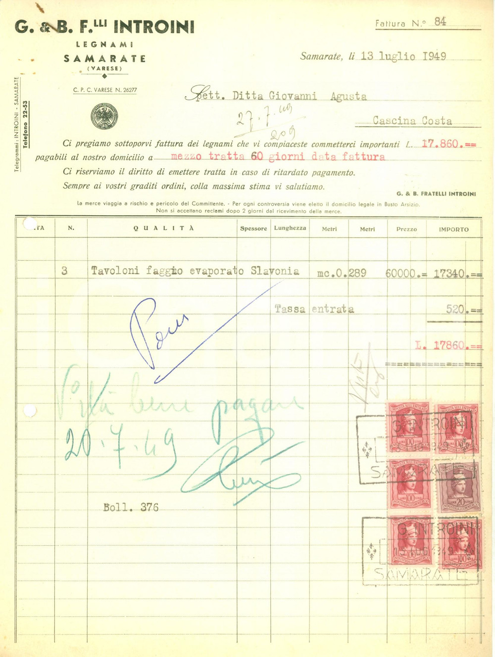 Documento originale, autentico 1949 SAMARATE VA Legnami INTROINI Fattura per tavoloni SLAVONIA Documento 1