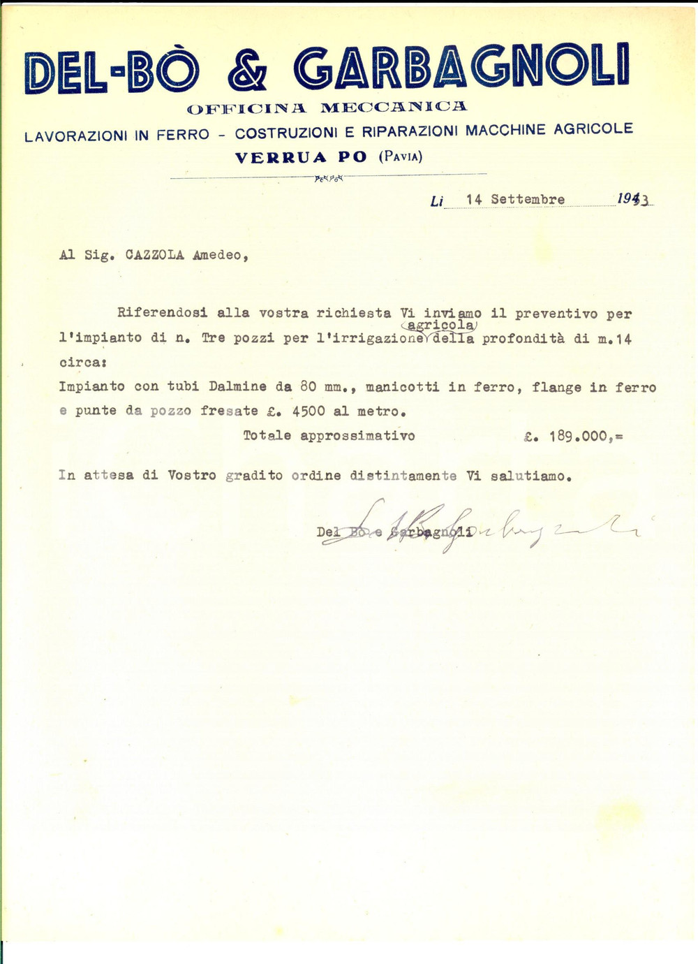 Autografo originale 1953 VERRUA PO PV Officina meccanica DEL BO e GARBAGNOLI Preventivo pozzi 1