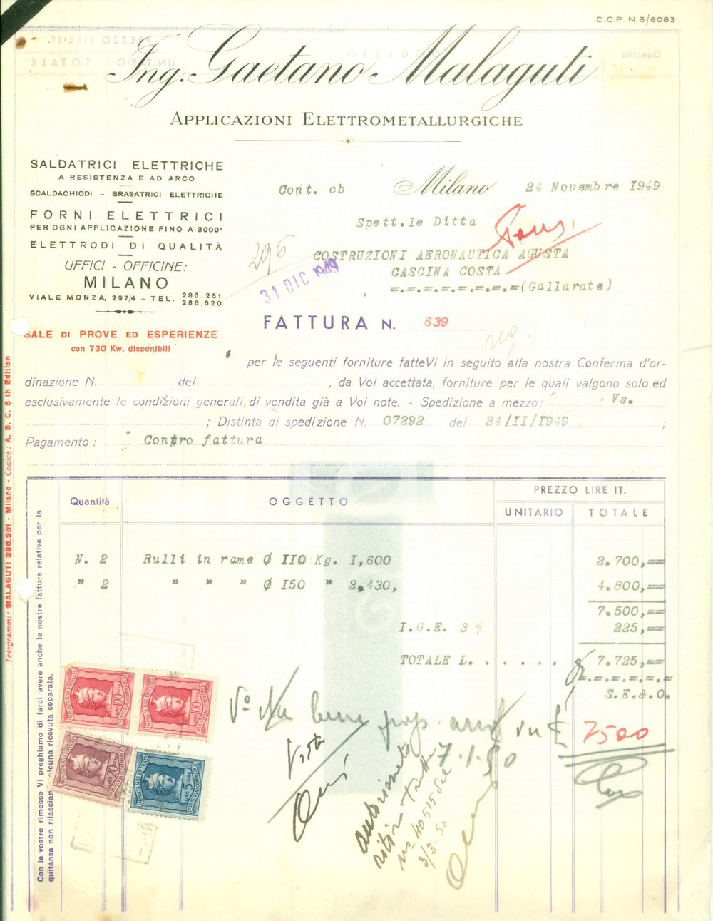 Documento originale, autentico 1949 MILANO Gaetano MALAGUTI Applicazioni elettromeccaniche Fattura 1