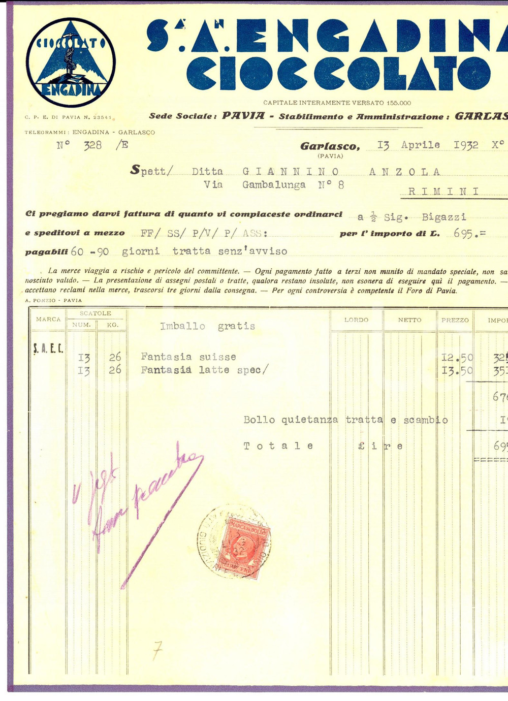 Documento originale, autentico 1932 GARLASCO PV Società ENGADINA Cioccolato Fattura fantasia suisse 1