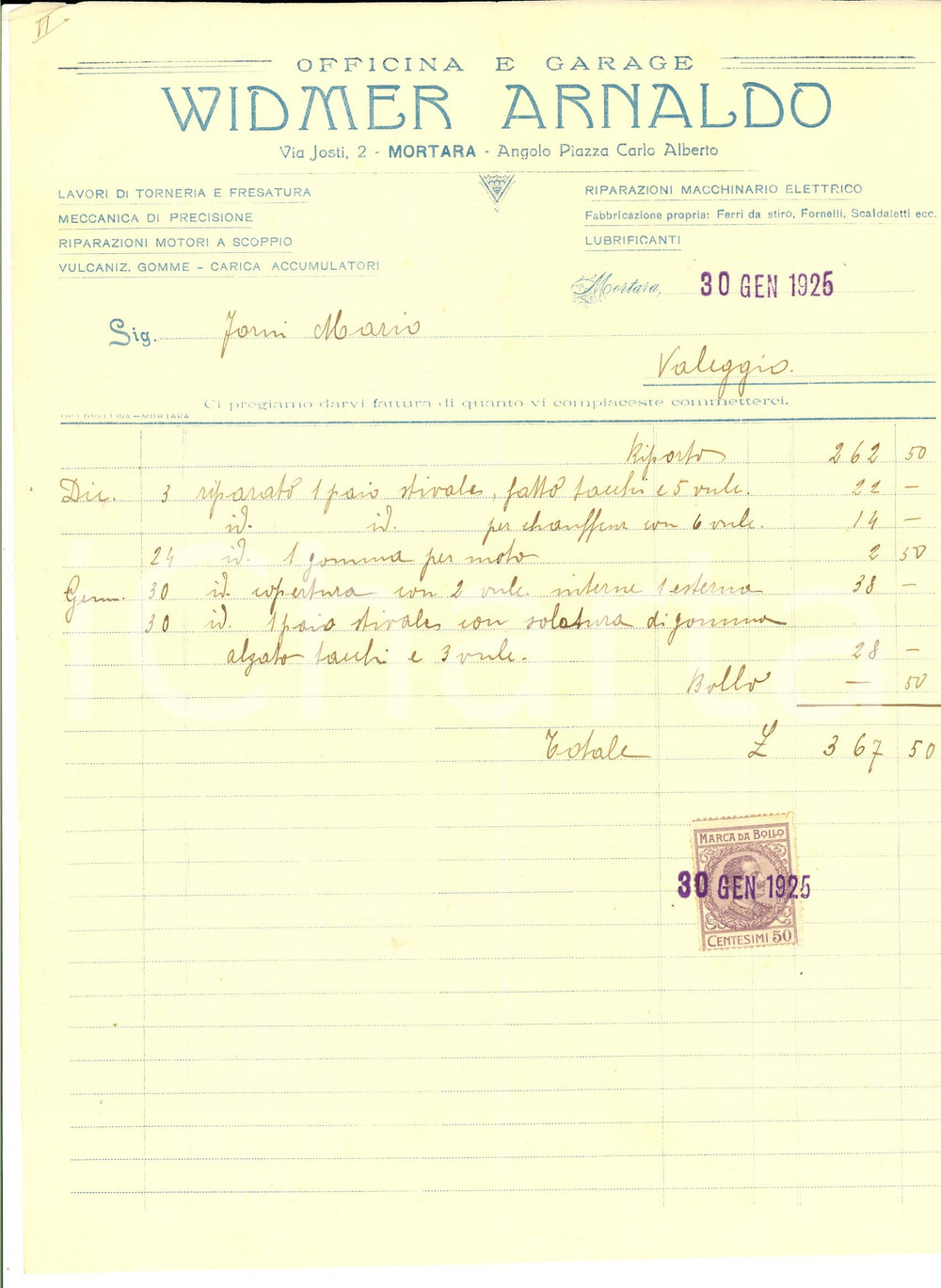 Documento originale, autentico 1925 MORTARA PV Officina e garage Arnaldo WIDMER Fattura intestata 1