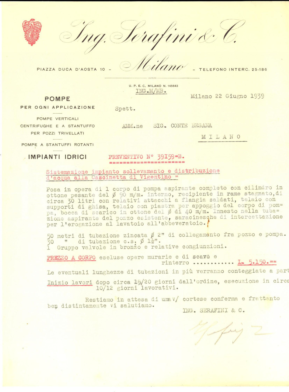 Documento originale, autentico 1939 MILANO Ing. SERAFINI & C.  Preventivo impianto cascinetta VIGENTINO 1