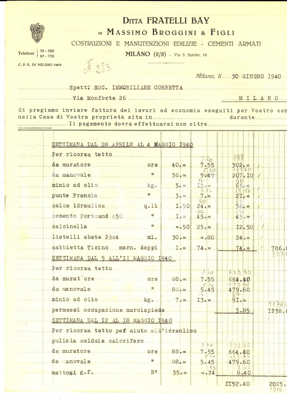 Documento originale, autentico 1940 MILANO Ditta FRATELLI BAY di Massimo BROGGINI Fattura manutenzione edilizia 1