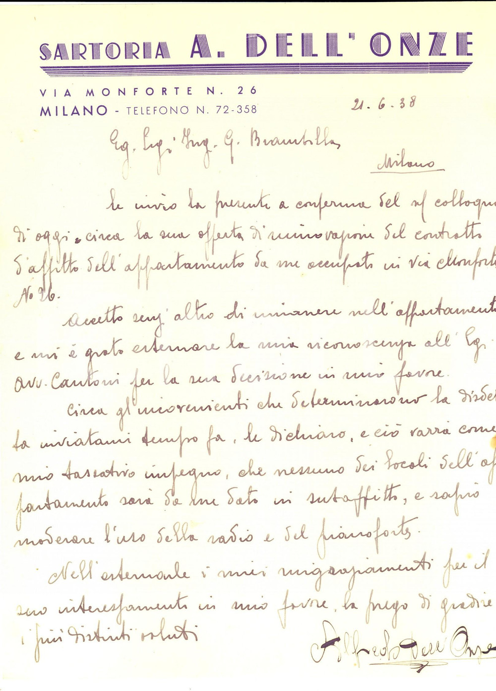 Documento originale, autentico 1938 MILANO Sartoria Alfredo DELL ONZE sul rinnovo del contratto di locazione 1