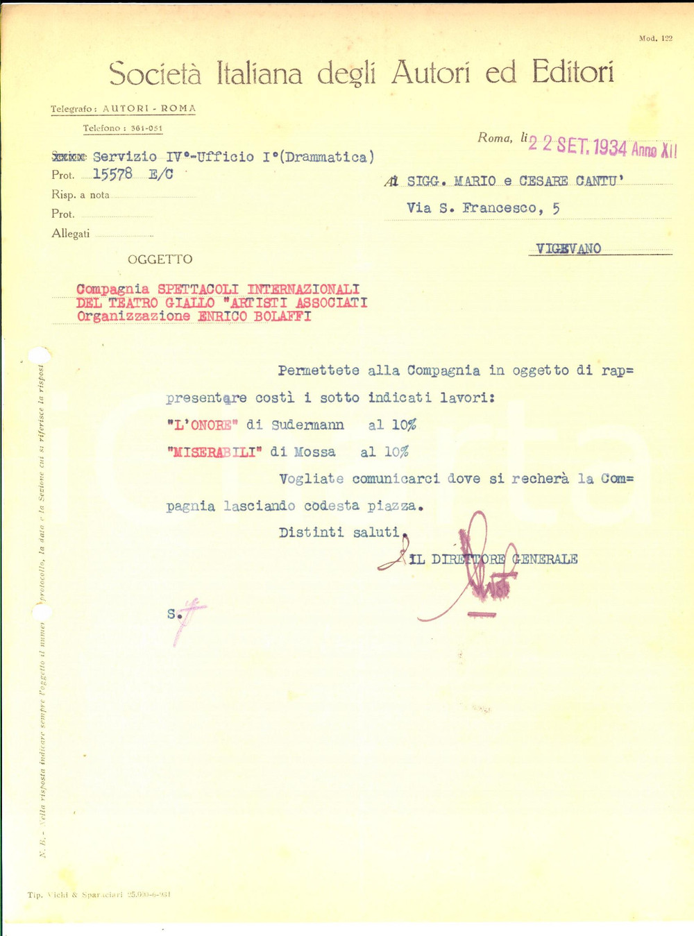 Documento originale, autentico 1934 VIGEVANO SIAE Spettacoli del TEATRO GIALLO di Enrico BOLAFFI Lettera 1