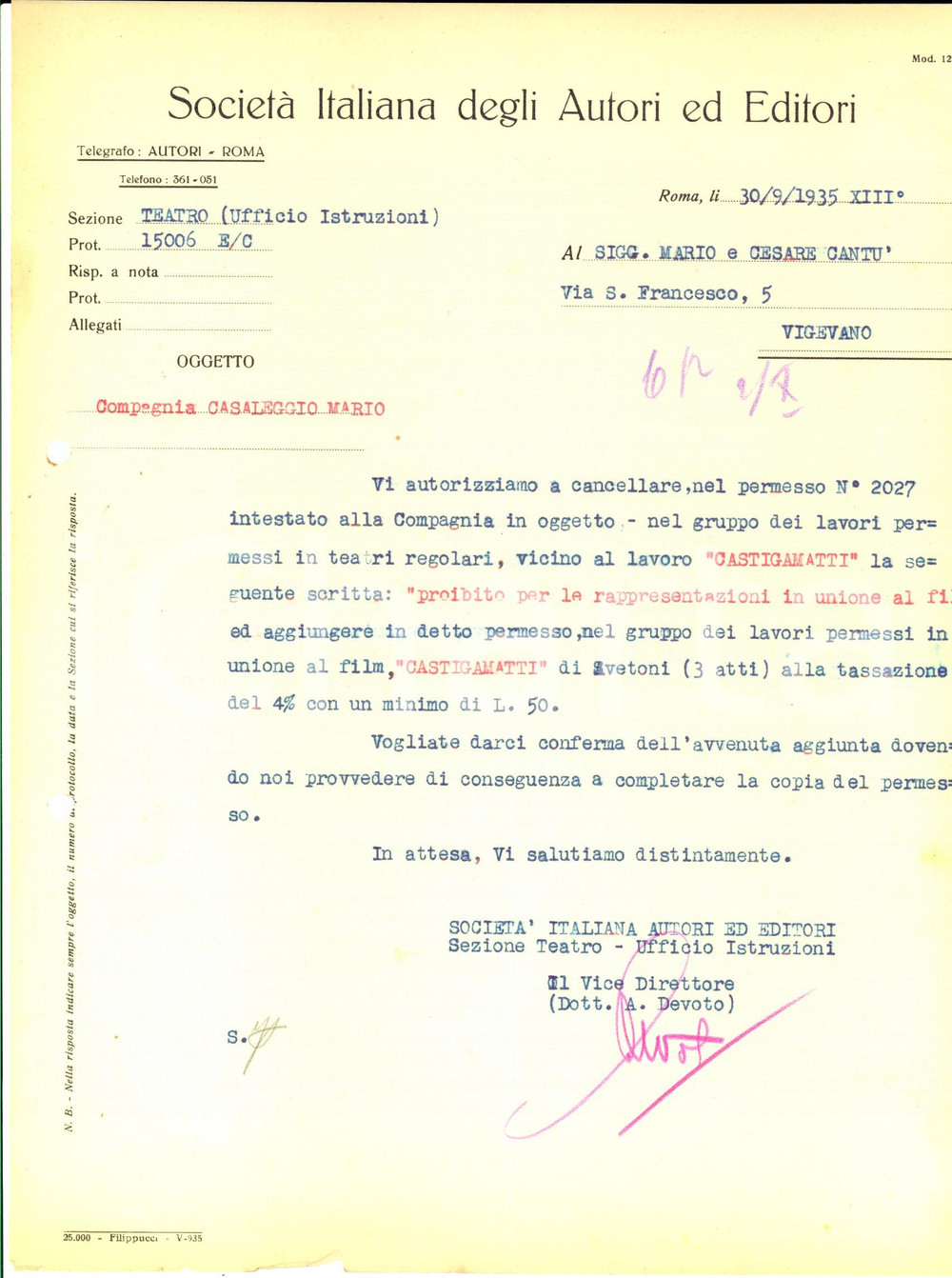 Documento originale, autentico 1935 ROMA SIAE Permesso per spettacolo Castigamatti di Mario CASALEGGIO 1