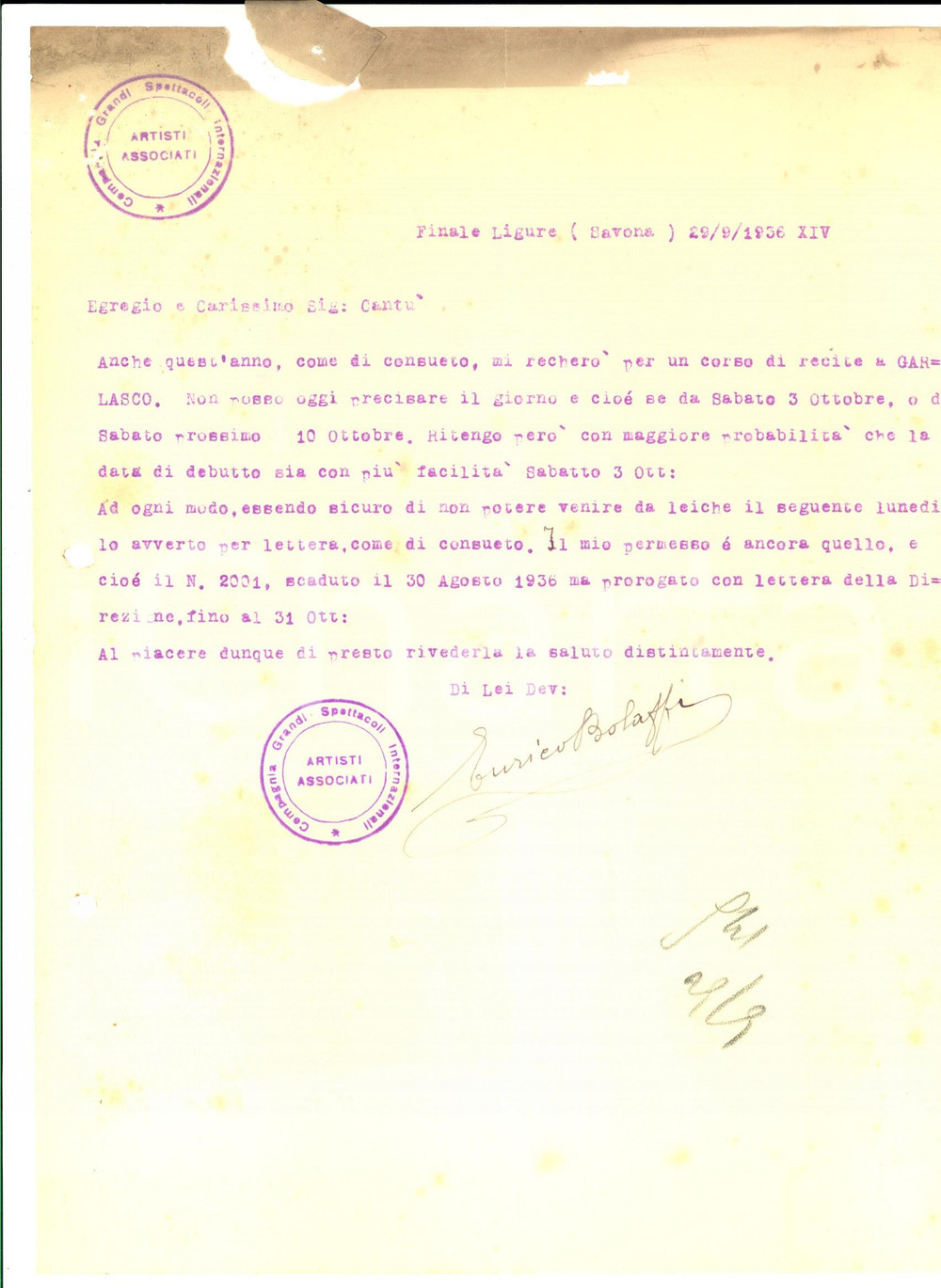 Autografo originale 1936  FINALE LIGURE Enrico BOLAFFI annuncia corso di recite a GARLASCO Autografo 1