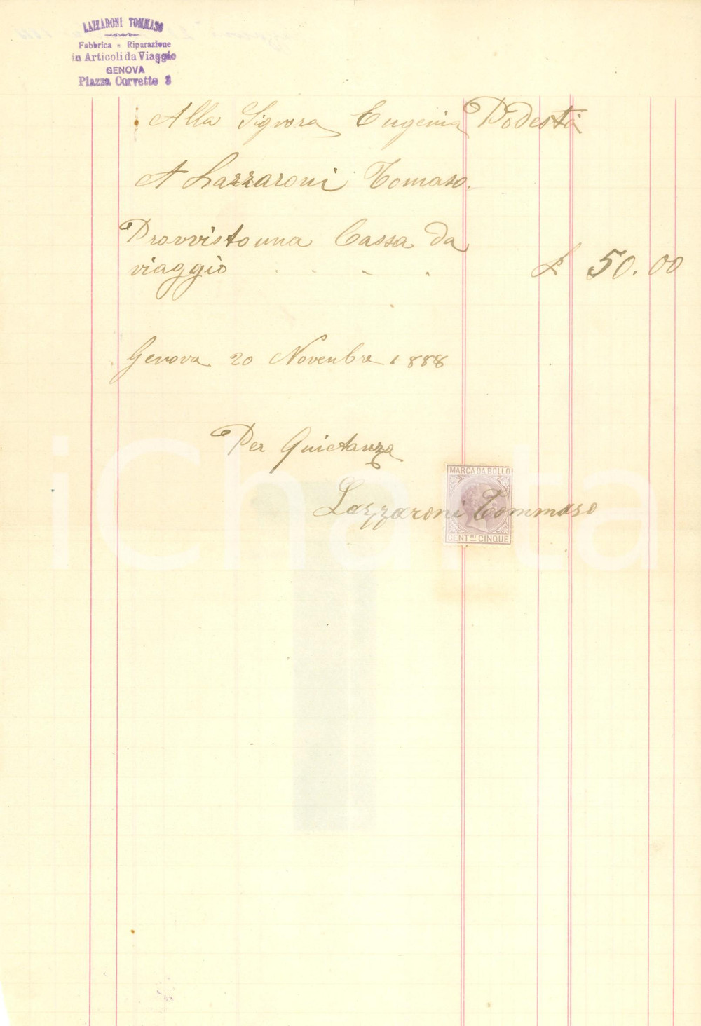 Documento originale, autentico 1888 GENOVA Tommaso LAZZARONI Fabbrica articoli da viaggio Fattura manoscritta 1