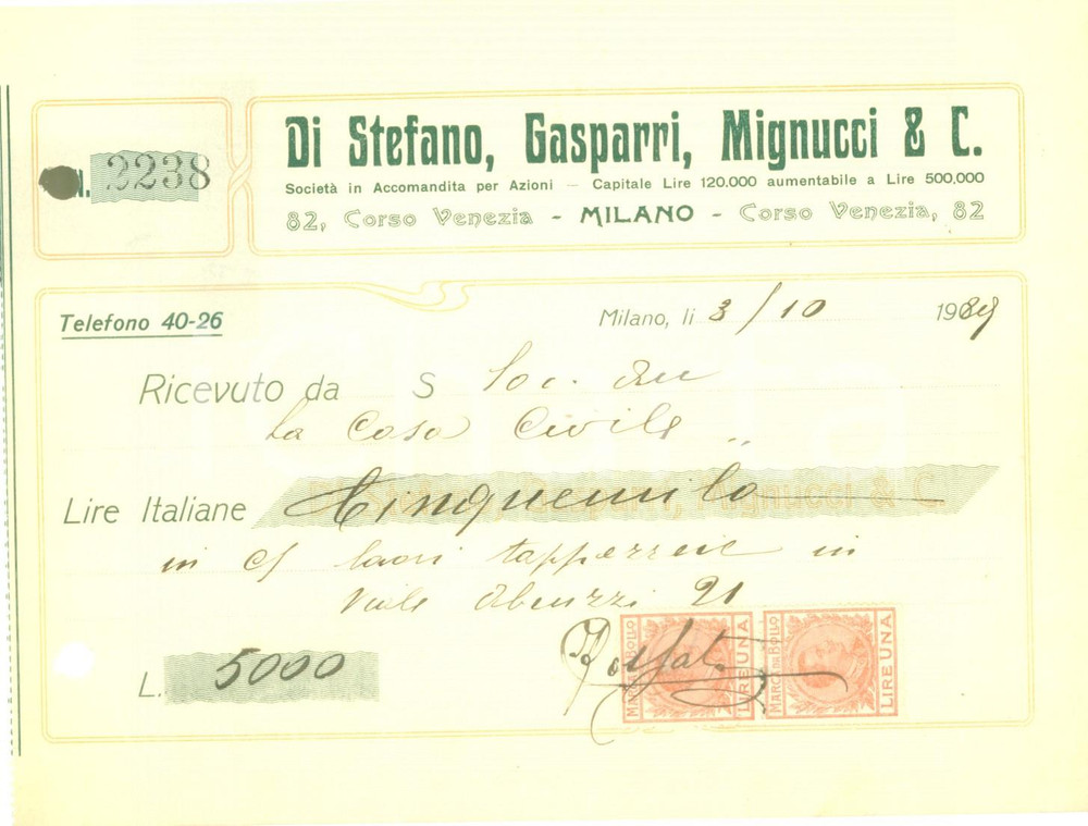 Documento originale, autentico 1929 MILANO SocietÃ  costruzioni DI STEFANO GASPARRI MIGNUCCI & C. Fattura 1