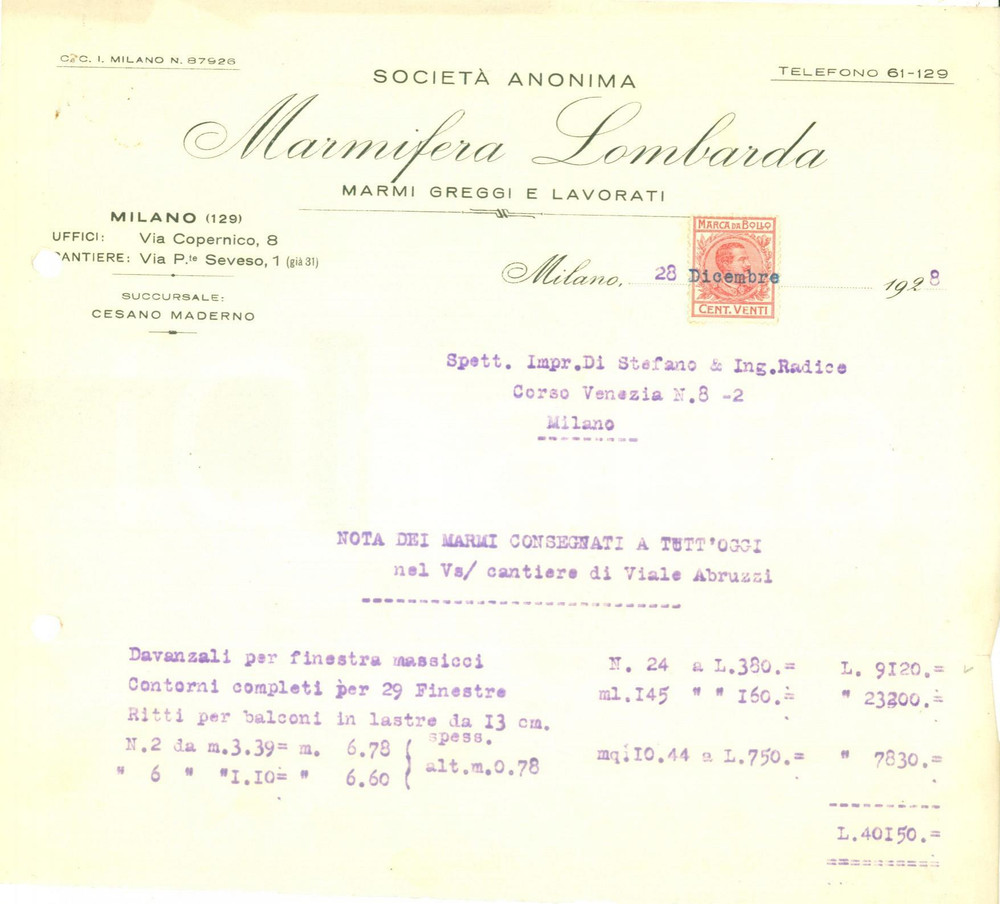 Documento originale, autentico 1928 MILANO SocietÃ  Anonima Marmifera Lombarda Marmi greggi e lavorati Fattura 1