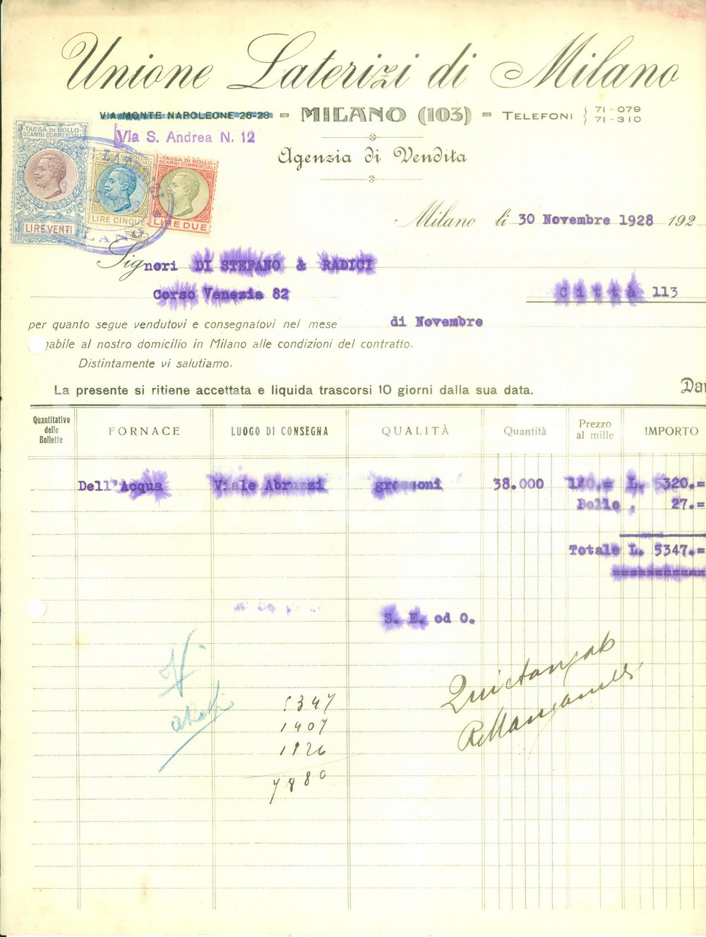 Documento originale, autentico 1928 MILANO Unione laterizi Agenzia di vendita Fattura su carta intestata 1