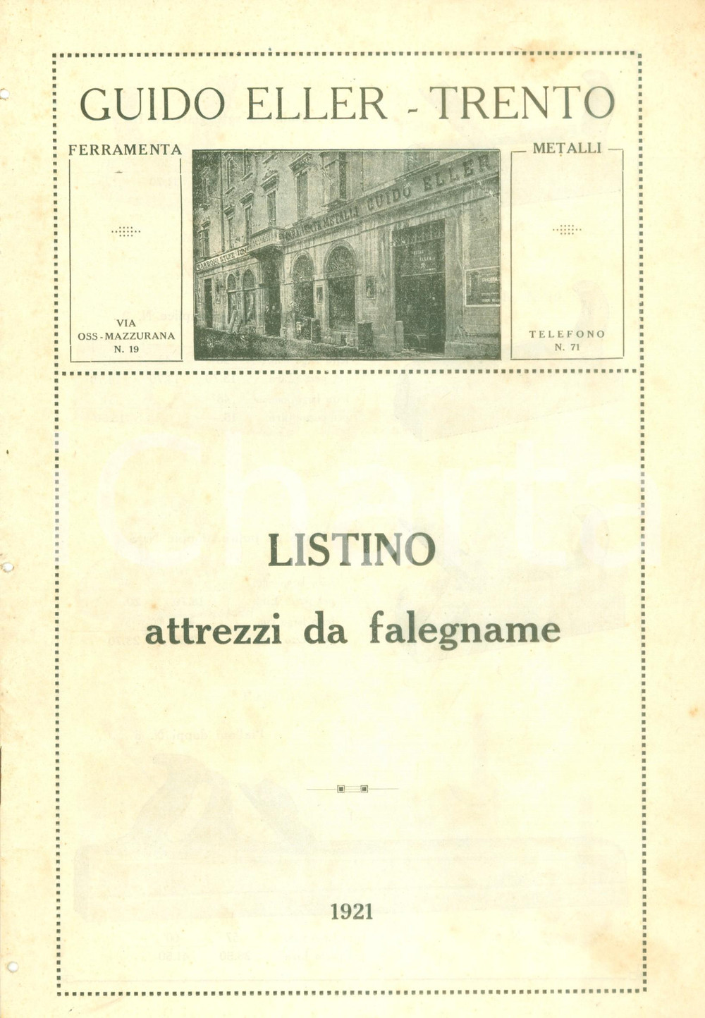 Materiale pubblicitario d’epoca 1921 TRENTO Ditta Guido ELLER Listino attrezzi da falegname ILLUSTRATO 1