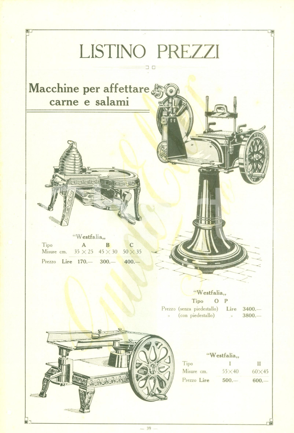 Materiale pubblicitario d’epoca 1920 TRENTO Guido ELLER Listino prezzi Macchine per affettare carne Documento 1