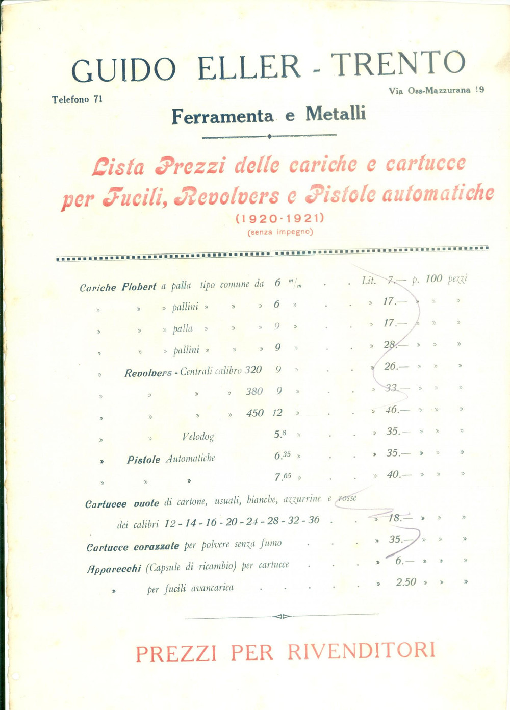 Materiale pubblicitario d’epoca 1920 TRENTO Guido ELLER Ferramenta metalli Listino prezzi cariche Documento 1