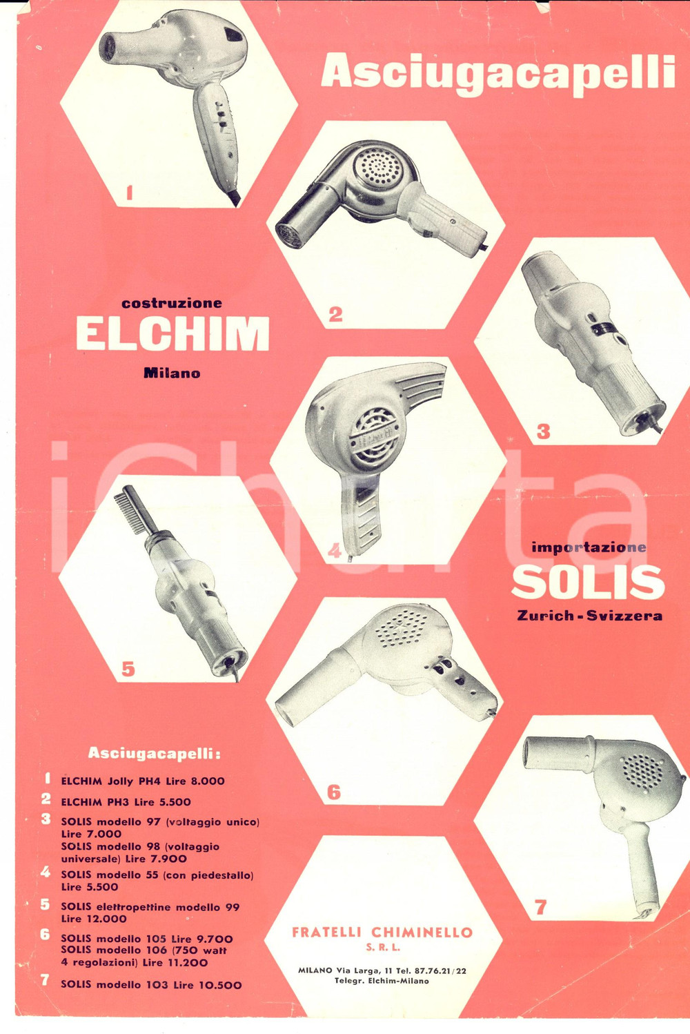 Materiale pubblicitario d’epoca 1950 ca MILANO Asciugacapelli ELCHIM Volantino pubblicitario ILLUSTRATO 1
