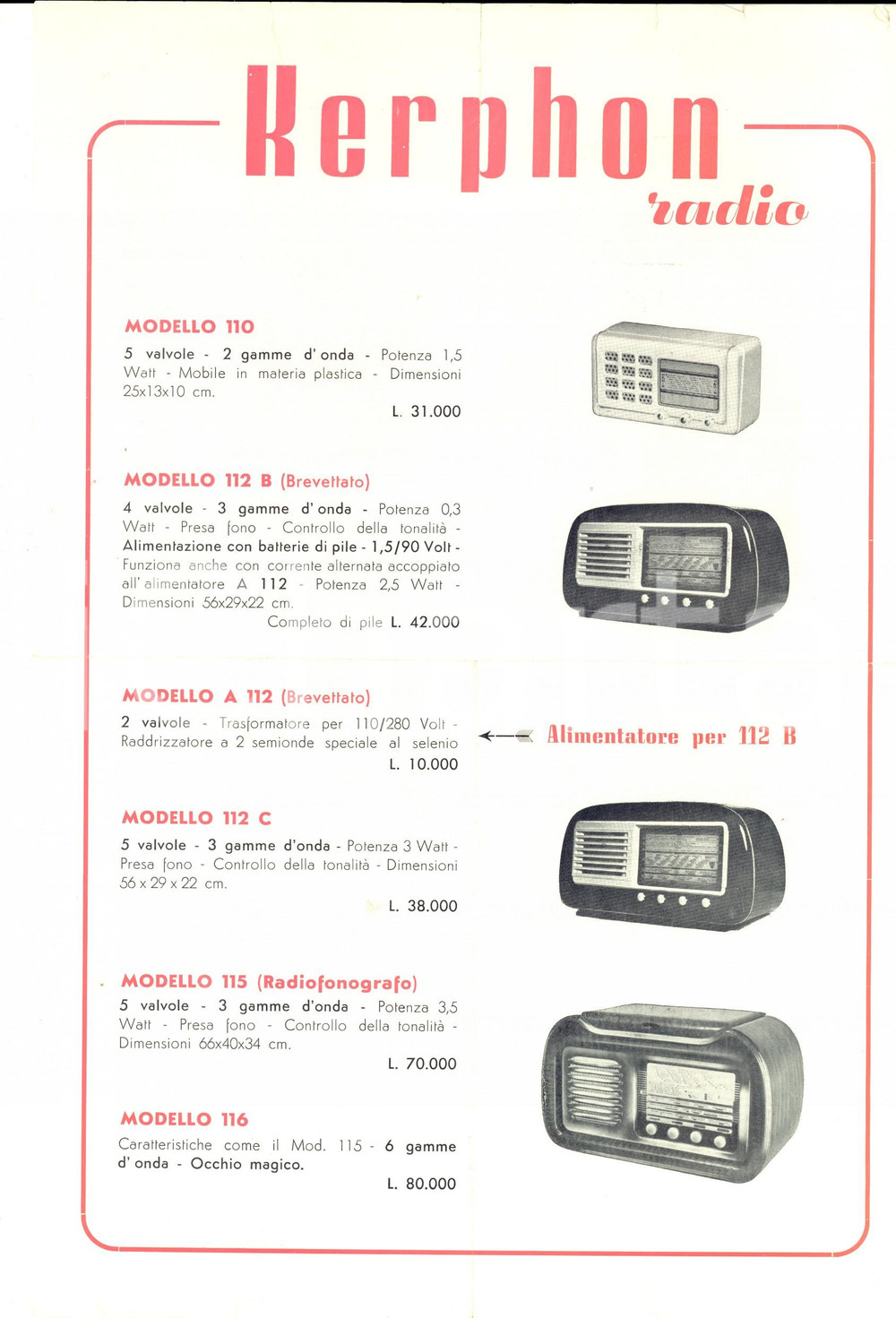 Materiale pubblicitario d’epoca 1950 ca RADIO KERPHON Volantino pubblicitario VINTAGE  ILLUSTRATO 20x30 1