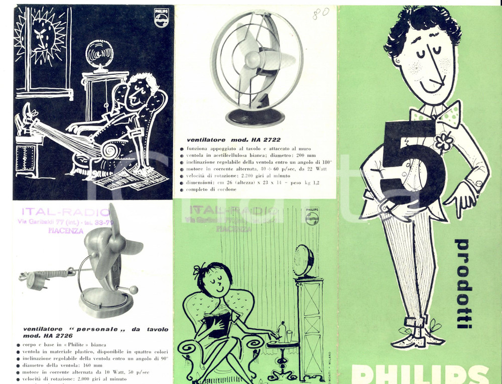 Materiale pubblicitario d’epoca 1960 ca PHILIPS Ventilatori e macinacaffÃ¨ Volantino pubblicitario ILLUSTRATO 1