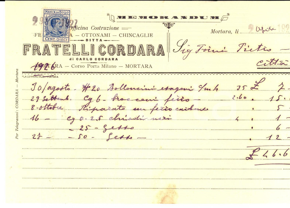 Documento originale, autentico 1927 MORTARA PV  Ditta Fratelli CORDARA Ferramenta e chincaglie Memorandum 1