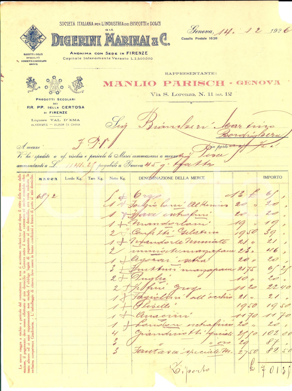 Documento originale, autentico 1926 GENOVA SocietÃ  DIGERINI MARINAI & C. Biscotti e dolci Fattura intestata 1