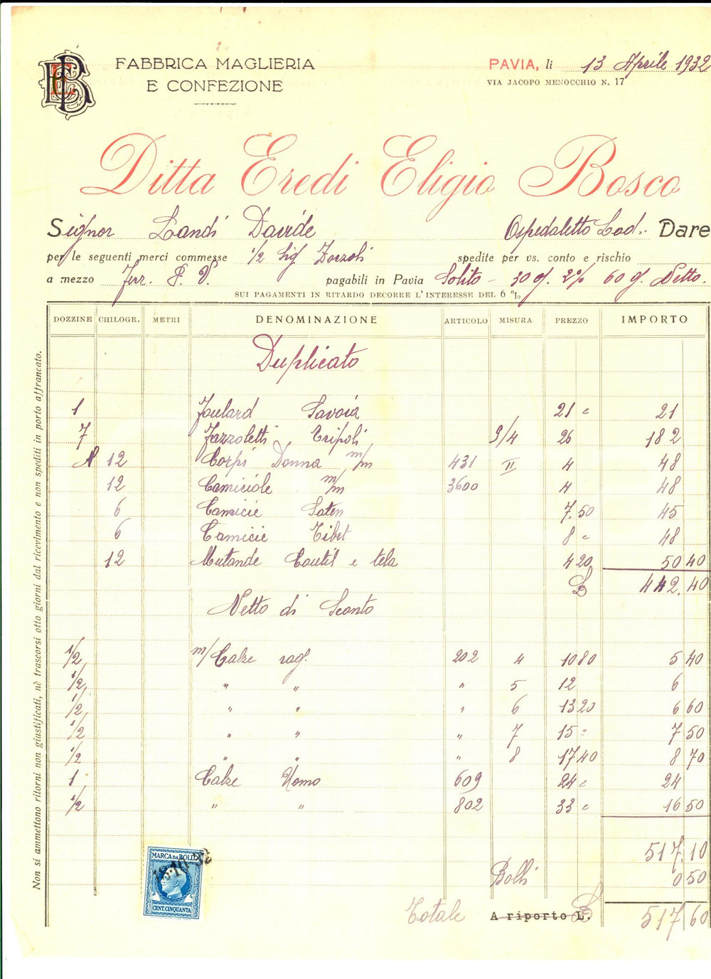 Documento originale, autentico 1932 PAVIA Ditta Eredi Eligio BOSCO Maglieria Fattura per foulard SAVOIA 1