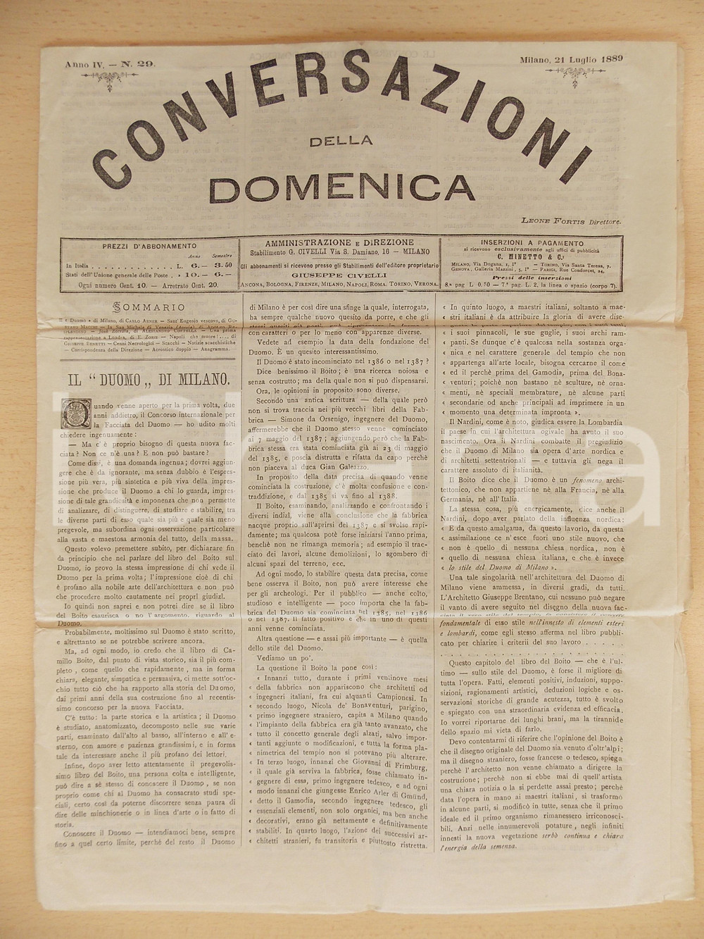 Giornale, rivista storica 1889 CONVERSAZIONI DELLA DOMENICA Concorso per il Duomo di MILANO Anno IV n° 29 1