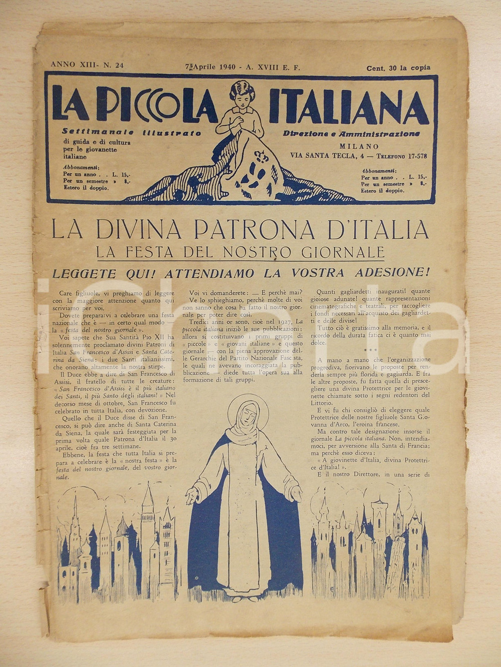 Giornale, rivista storica 1940 LA PICCOLA ITALIANA Santa Caterina patrona d Italia Rivista DANNEGGIATA 1