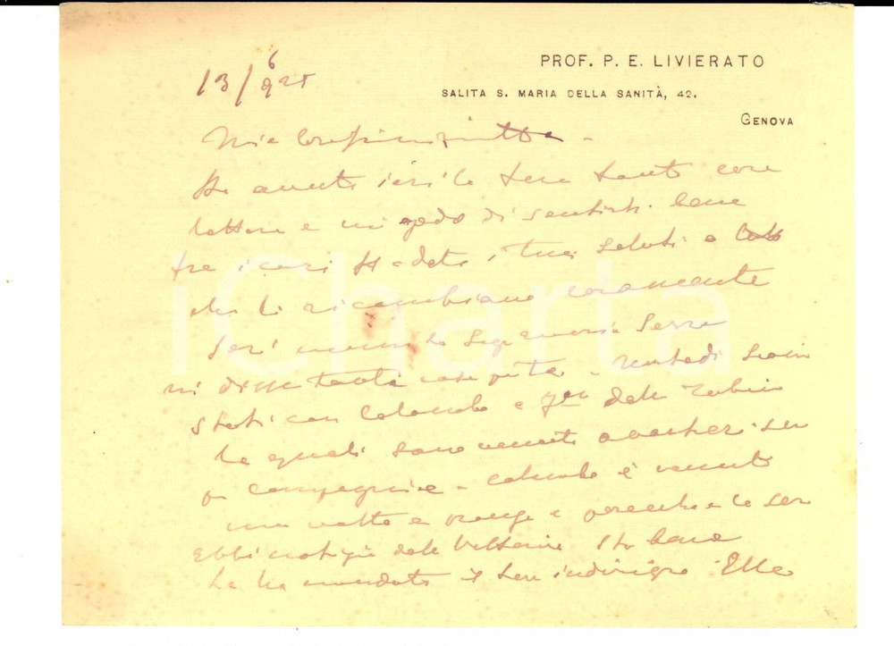 Autografo originale 1925 GENOVA Prof. P. E. LIVIERATO in una malinconia penetrante AUTOGRAFO 1