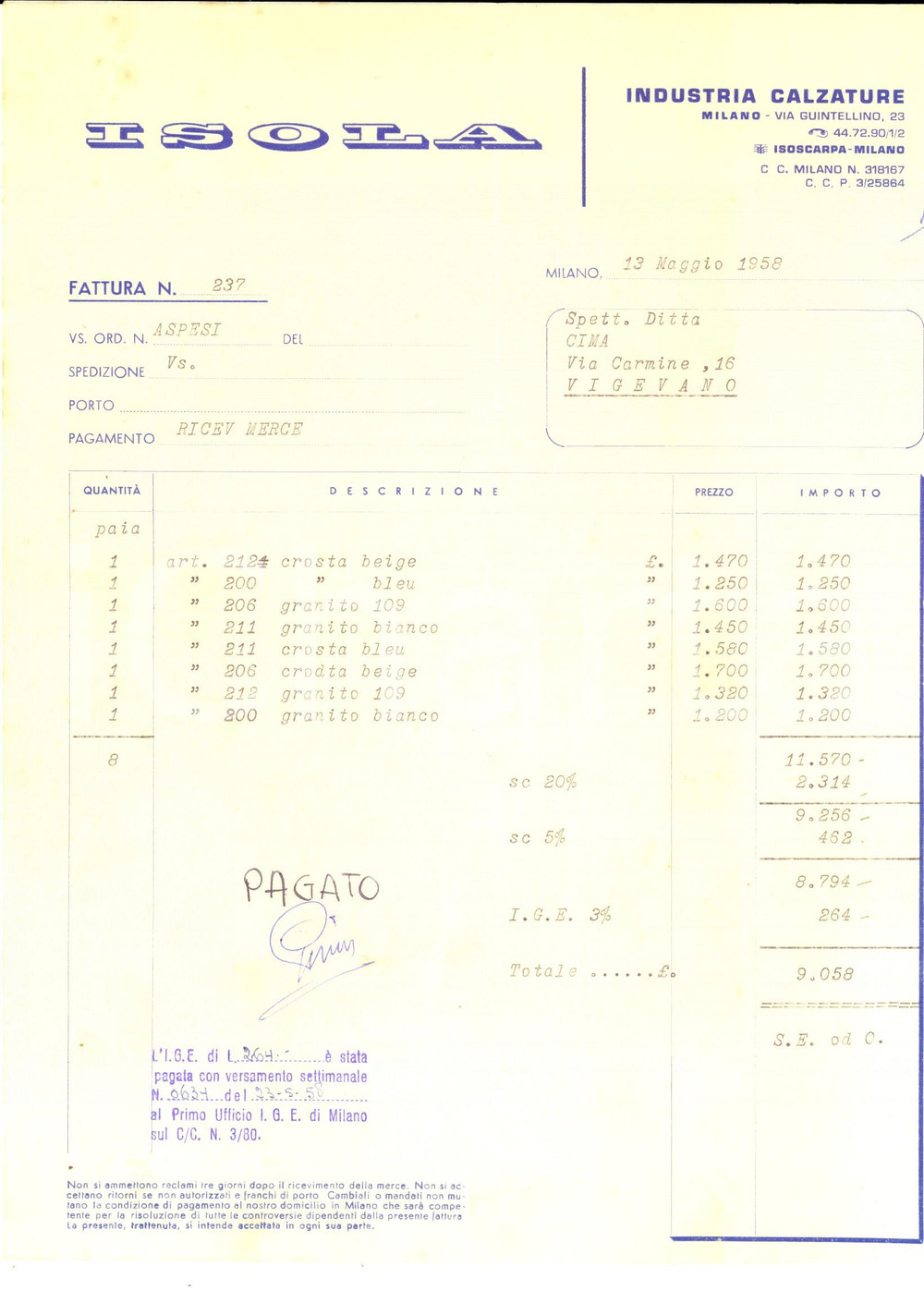 Documento originale, autentico 1958 MILANO via Guintellino   Industria calzature ISOLA Fattura intestata 1