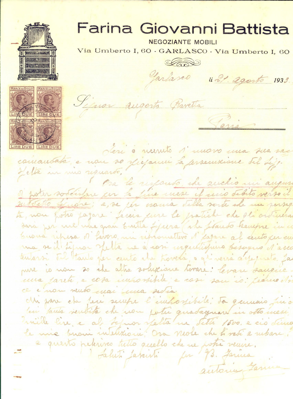 Documento originale, autentico 1933 GARLASCO Giovanni Battista FARINA negoziante mobili oppresso dai debiti 1
