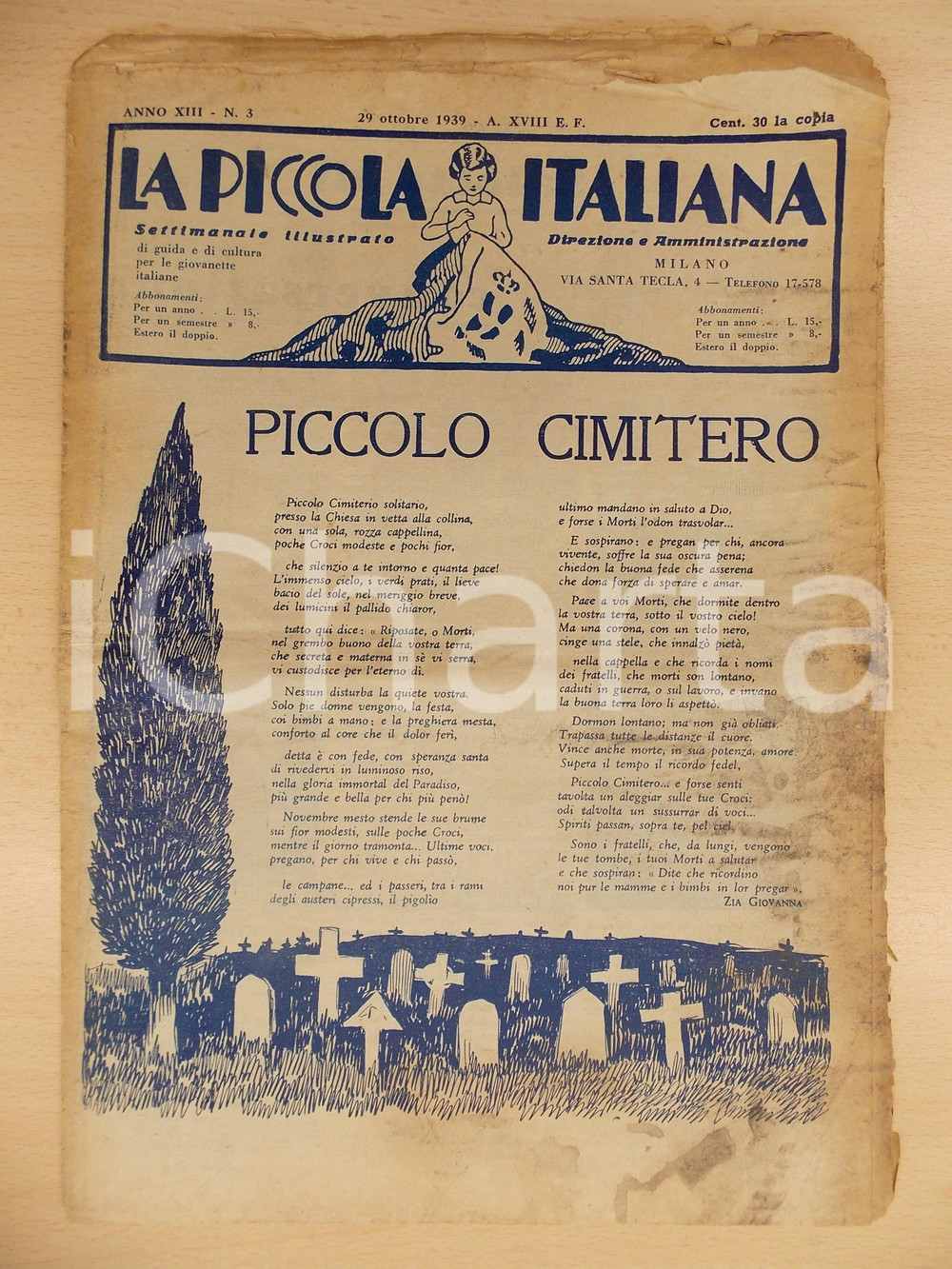 Giornale, rivista storica 1939 LA PICCOLA ITALIANA Zia Giovanna  Piccolo Cimitero Rivista DANNEGGIATA 1