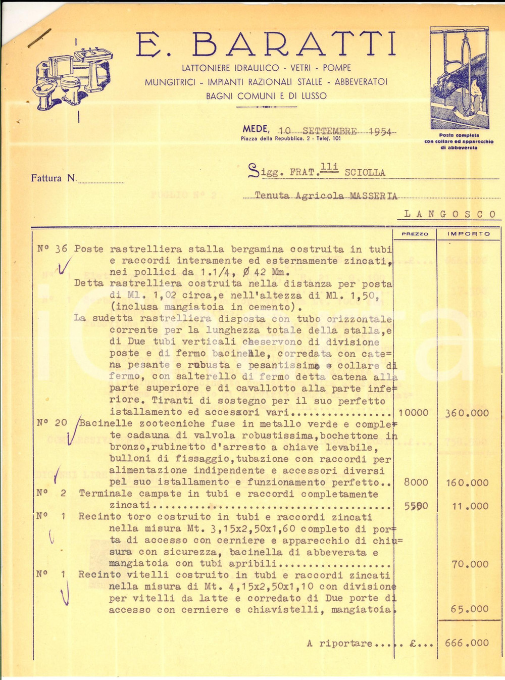 Documento originale, autentico 1954 MEDE PV E. BARATTI Preventivo per impianti stalle e recinti animali 1