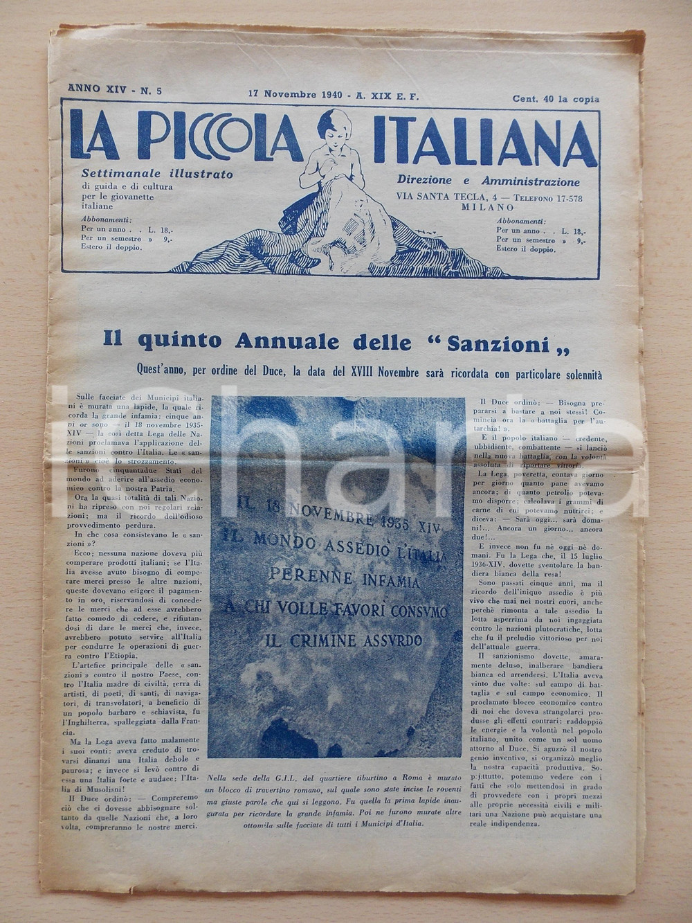 Giornale, rivista storica 1940 LA PICCOLA ITALIANA Il quinto Annuale delle SANZIONI Rivista ILLUSTRATA 1