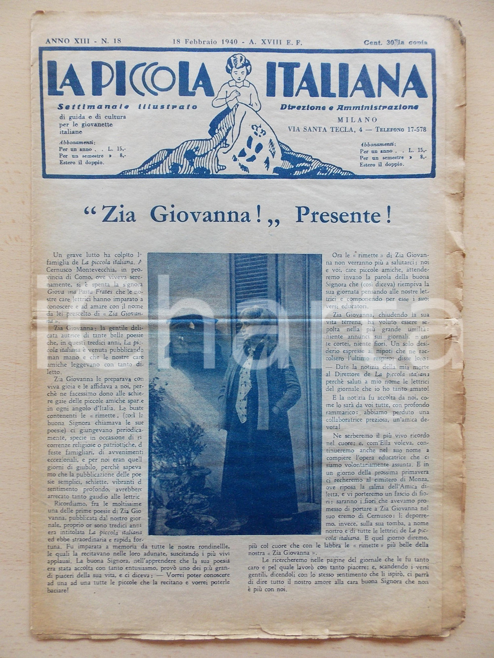 Giornale, rivista storica 1940 PICCOLA ITALIANA Morta poetessa Giovanna PASTA FRATES Cernusco Montevecchia 1