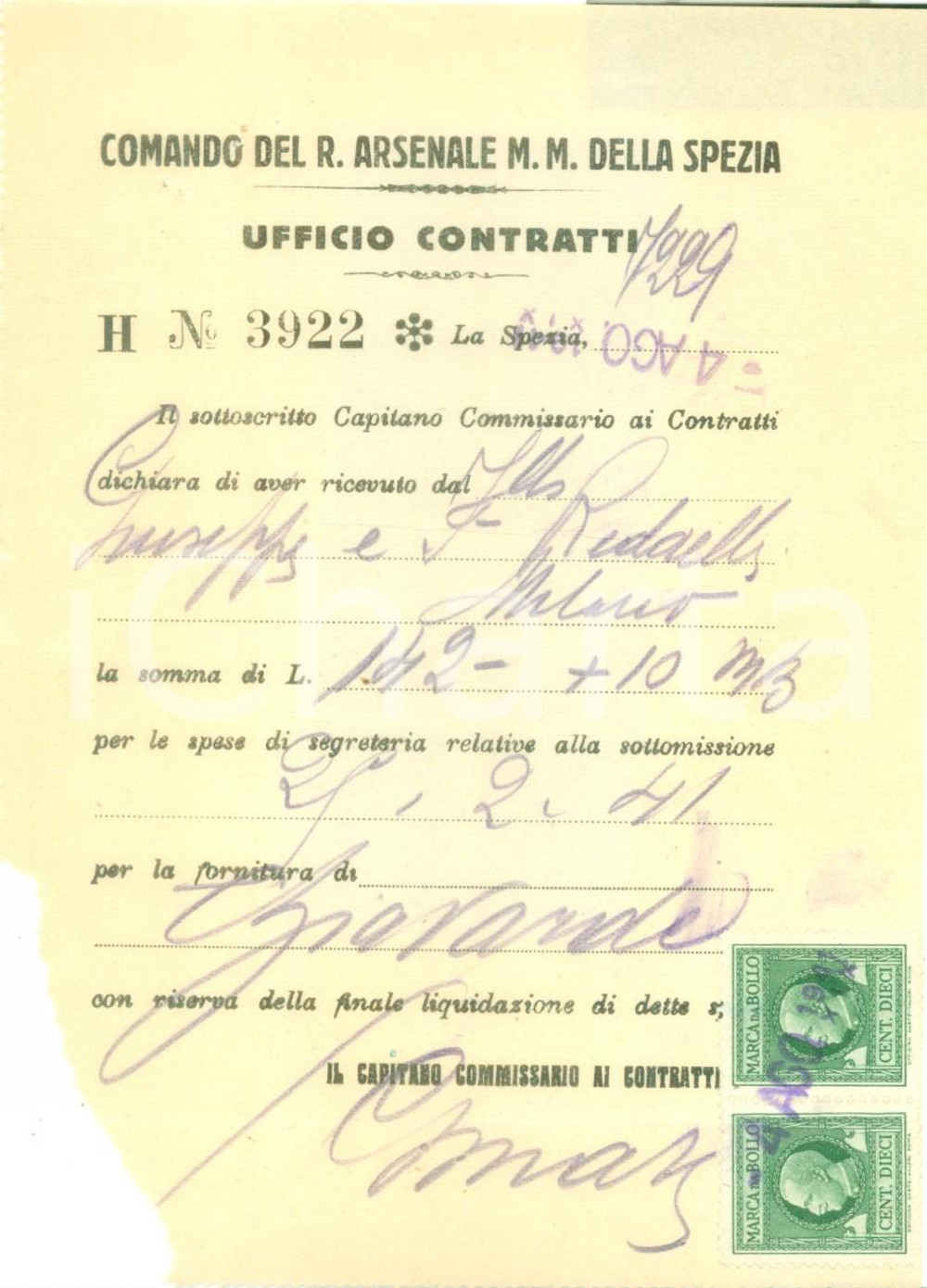 Documento originale, autentico 1941 LA SPEZIA Comando Regio Arsenale di Marina Militare Ricevuta DANNEGGIATA 1